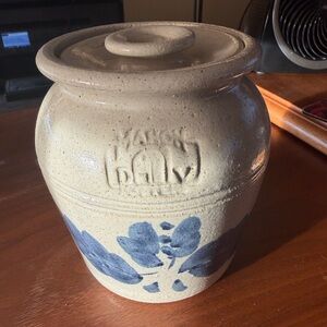 Handcrafted Stoneware Jar with Blue Floral Design and lid